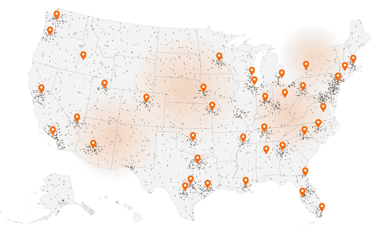 Map of recent business fundings across the United States, with markers in major metro areas